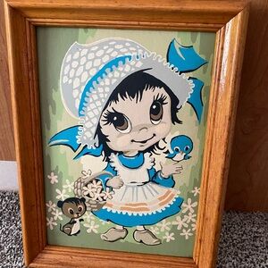 Vintage 1960/70 Paint by number Big Eyed Girl Wooden Frame